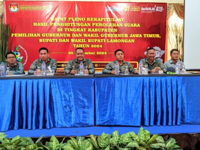 Rapat pleno Terbuka Rekapitulasi Hasil Akhir Pilkada Serentak 2024 oleh KPU Lamongan di Grand Hotel Mahkota Lamongan, Kamis malam (5/12/2024).