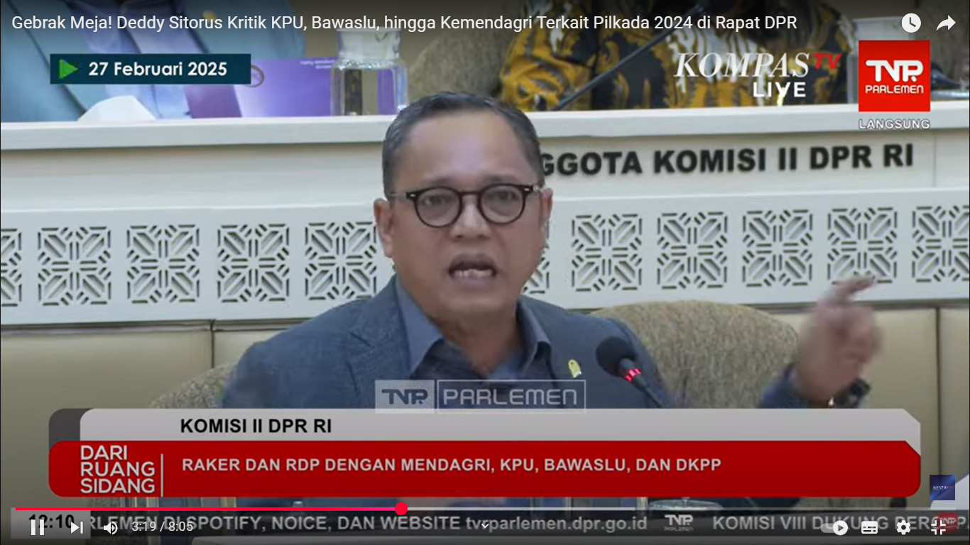 Anggota Komisi II DPR RI Fraksi PDI Perjuangan, Deddy Sitorus, dalam RDP dengan Mendagri, KPU, Bawaslu, dan DKPP RI di Gedung Parlemen Senayan Jakarta kemarin Kamis (27/2/2025).