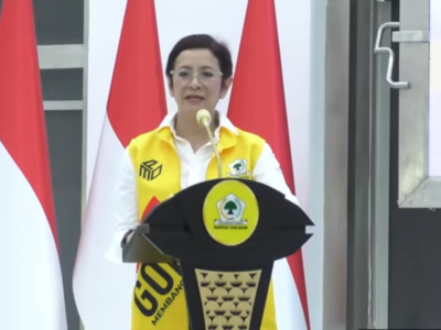 Ketua Bidang Media dan Penggalangan Opini (MPO) DPP Partai Golkar, Nurul Arifin, saat menyampaikan kata sambutan dalam diskusi bertajuk “Arah Kebijakan Geostrategi dan Geopolitik Indonesia” yang digelar di Sekretariat DPP Partai Golkar, Slipi, Jakarta, Kamis (8/5/2025).